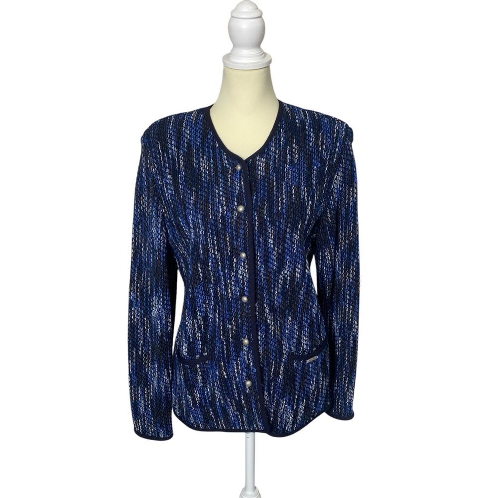 Vintage Geiger Collection Austria Blue Tweed Button Front Blazer Womens Size 40